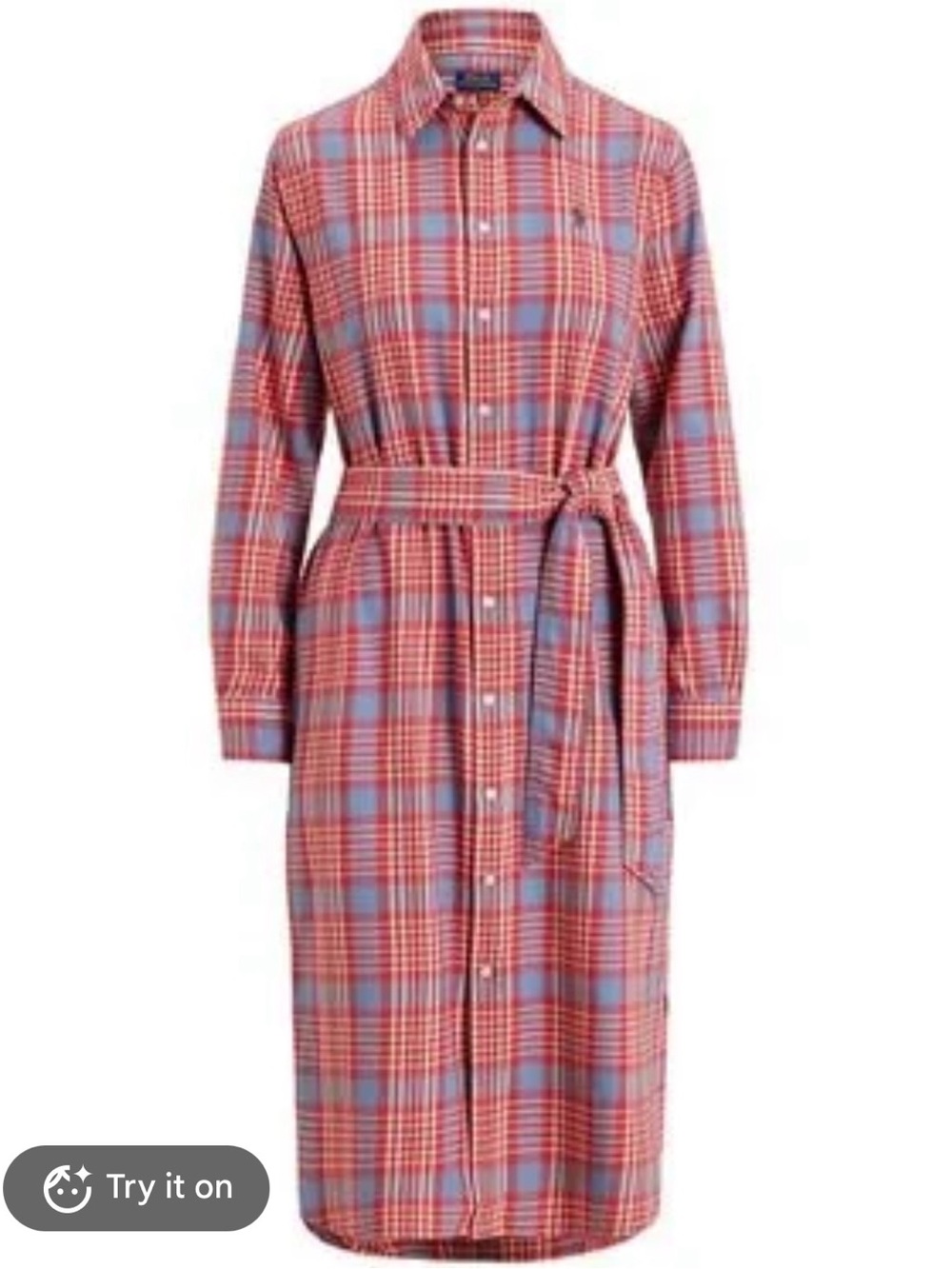Ralph Lauren Red and Blue Plaid Long-Sleeve Shirt Dress with Waist Tie